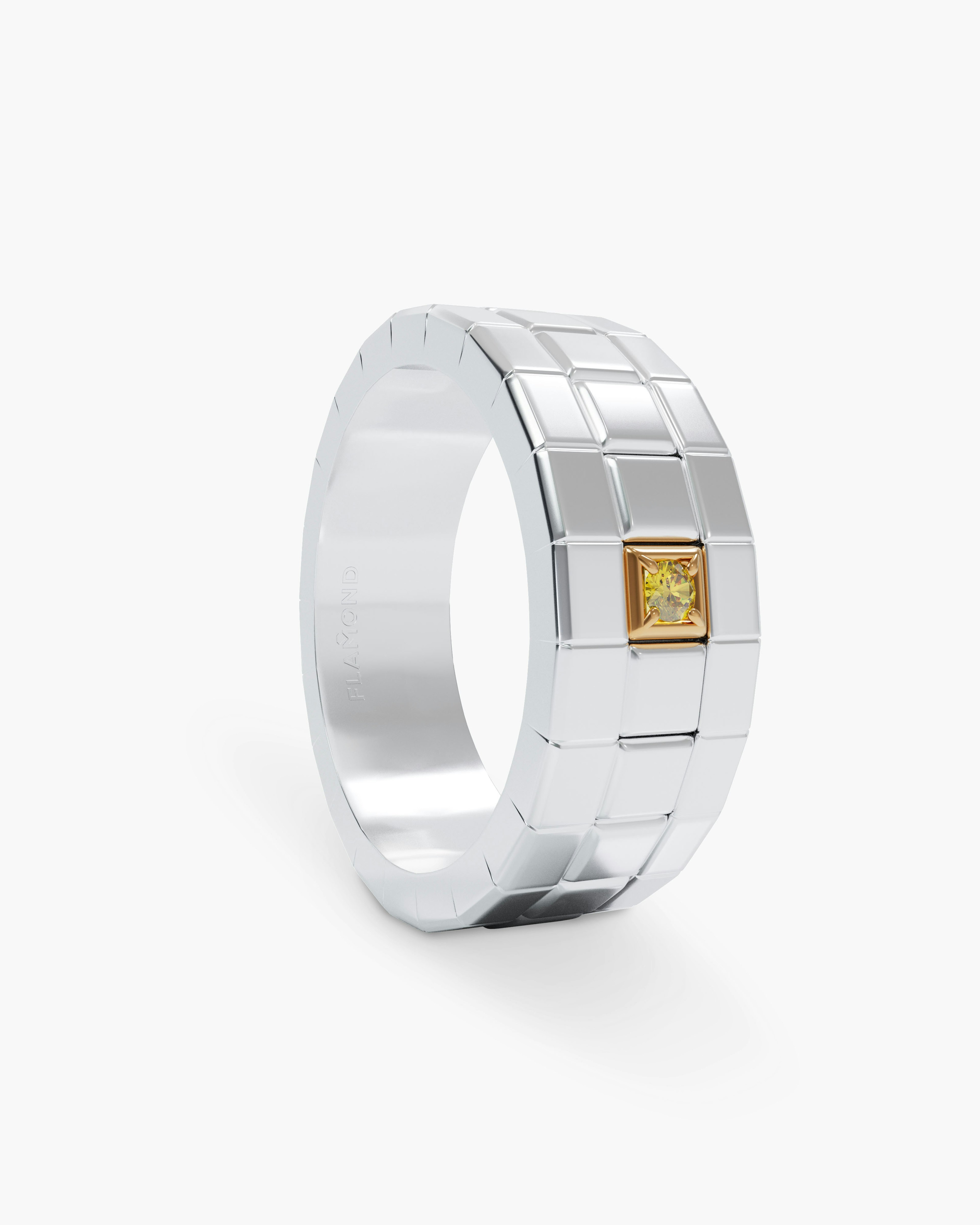 Modular White Rhodium Men Ring with Yellow Diamond