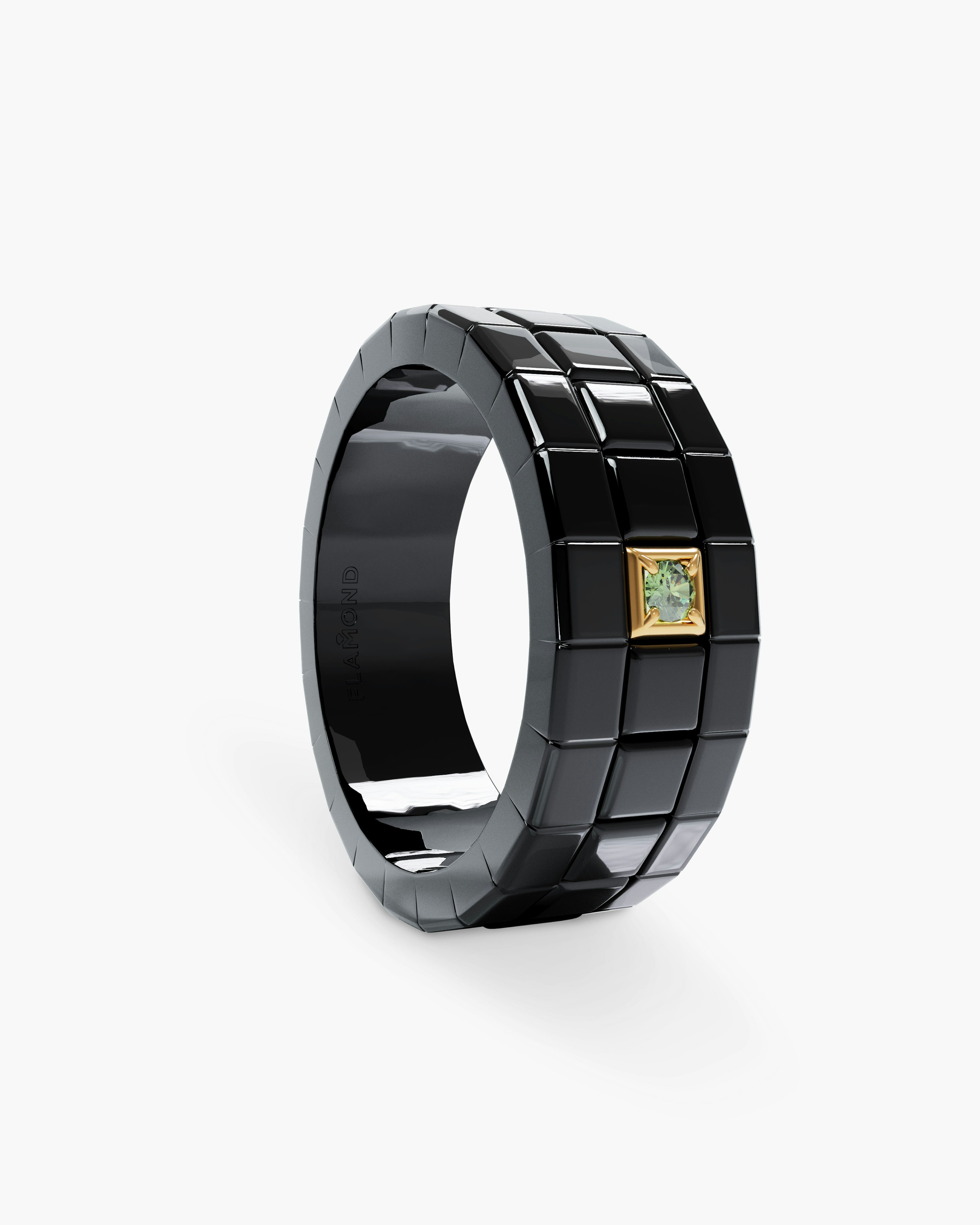 Modular Black Chrome Men Ring with Green Diamond