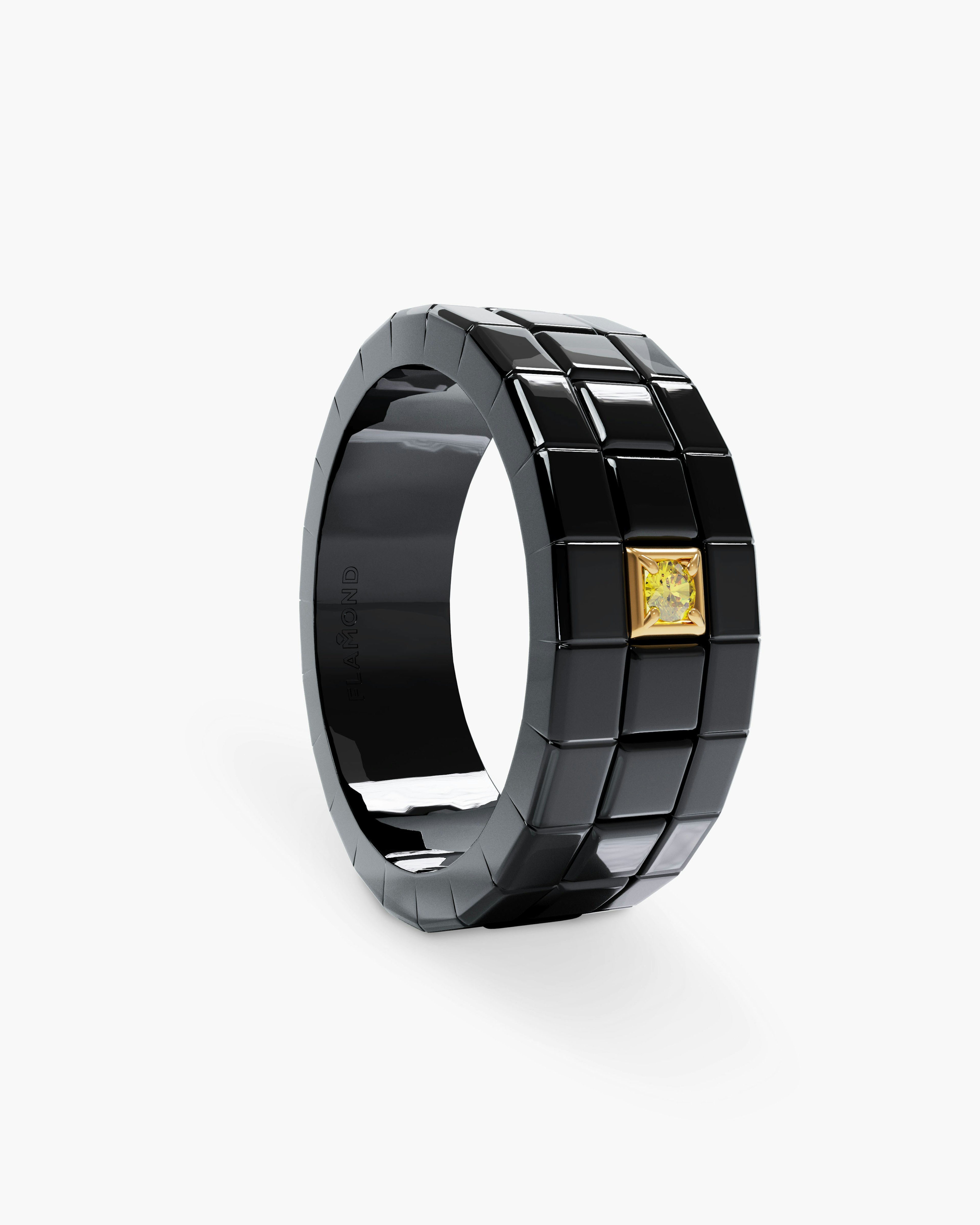 Modular Black Chrome Men Ring with Yellow Diamond